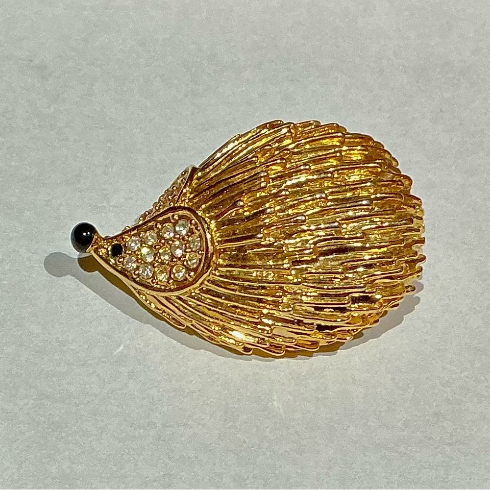 Vintage Gold-Tone Hedgehog Brooch with Pave Rhinestones